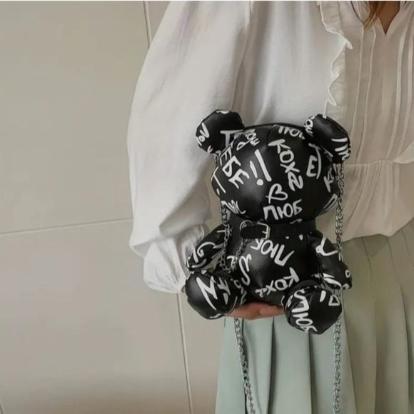 Letter Print Bear Doll Shape Shoulder Bag, Zipper FauxLeather Buckled Chain Cr - Picture 1 of 13